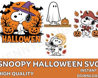 Może przedstawiać: Zestaw grafik cyfrowych przedstawiający Snoopy'ego w różnych kostiumach na Halloween, w tym czarownicy, ducha, pirata i postaci w pelerynie, w otoczeniu dyń, nietoperzy i jesiennych liści, z napisem HALLOWEEN, SNOOPY HALLOWEEN SVG i HIGH QUALITY.