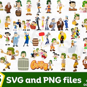 Puede incluir: Una colección de 45 archivos SVG y PNG con personajes de dibujos animados, incluyendo "El Chavo" y otras figuras. Los diseños muestran varias poses y escenas, con el texto "45 DESIGNS SVG and PNG files INSTANT DOWNLOAD".