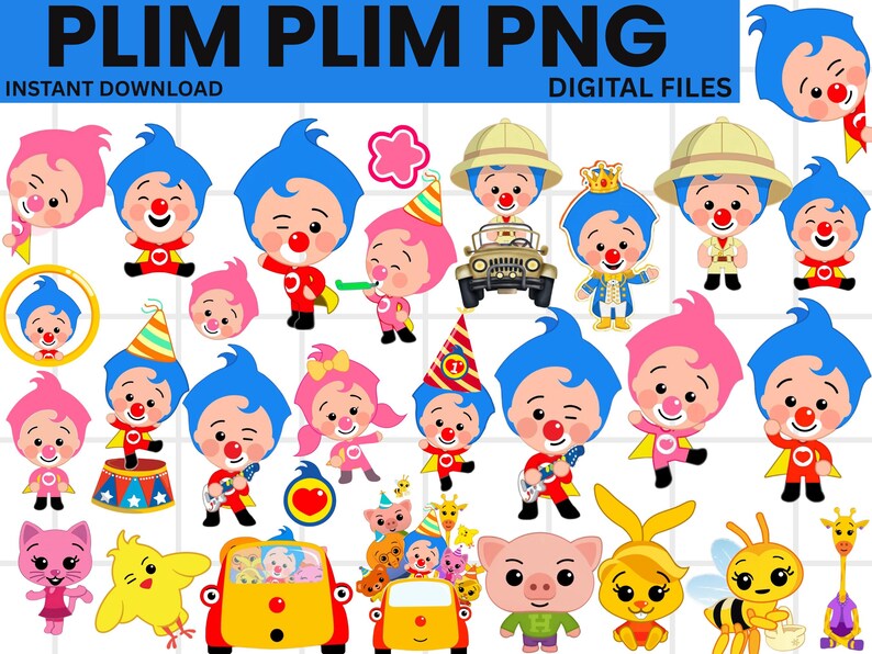 May include: Digital file featuring cartoon characters with blue hair, red noses, and clown-like features. The image includes various poses, outfits, and accessories, such as party hats, a car, and musical instruments. Text at the top reads "PLIM PLIM PNG" and "INSTANT DOWNLOAD".