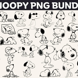 May include: A collection of Snoopy PNG images in black and white. The images feature Snoopy in various poses, including wearing sunglasses, sleeping, and standing. The text "SNOOPY PNG BUNDLE" is at the top.