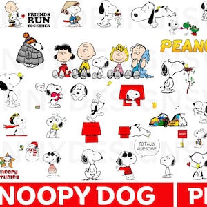 Puede incluir: Una colección de ilustraciones de personajes de Snoopy y Peanuts en varias poses. Las imágenes incluyen a Snoopy con diferentes atuendos, la caseta de Snoopy y otros personajes. La palabra "PEANUTS" está en amarillo, y "SNOOPY DOG" y "PNG" están en rojo.