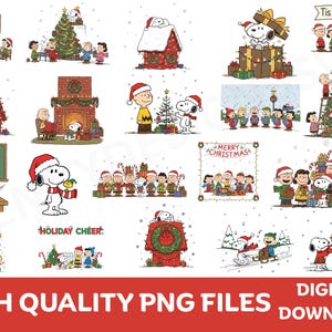 May include: A selection of festive illustrations featuring Snoopy and the Peanuts characters. The images depict Snoopy in a Santa hat, decorating a Christmas tree, and exchanging gifts. Text includes "Merry Christmas", "Holiday Cheer", and "Tis The Season".