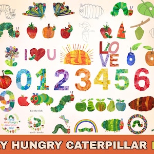 May include: A vibrant collection of illustrations inspired by "The Very Hungry Caterpillar." The image includes caterpillars, fruits, numbers, and text like "Happy Birthday" and "Love." The bottom of the image reads "VERY HUNGRY CATERPILLAR PNG."