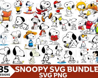 May include: A collection of 35 Snoopy SVG and PNG designs. The images feature Snoopy in various poses and outfits, including reading, surfing, wearing a crown, and holding a heart. The designs are in black and white with some color accents.