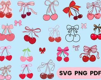 Coquette Cherry Bow Clipart, Watercolor Cherry Design (SVG, PNG, PDF)