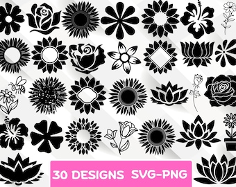 May include: A collection of 30 black floral designs, including sunflowers, roses, and lotus flowers. The designs are in a simple, graphic style, suitable for various creative projects. The text "30 DESIGNS SVG-PNG" is displayed in pink.