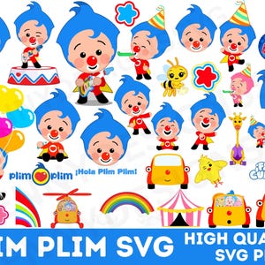 May include: A selection of vibrant cartoon graphics featuring a clown character with blue hair, a red nose, and a red and yellow outfit. The image includes balloons, a car, a circus tent, and the text "PLIM PLIM SVG HIGH QUALITY SVG PNG".