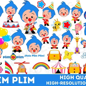 Pode incluir: Uma coleção de ilustrações coloridas do personagem Plim Plim. A imagem inclui várias poses do personagem palhaço, juntamente com balões, um carro, uma girafa e outros elementos festivos. O texto na parte inferior diz "PLIM PLIM" e "HIGH QUALITY HIGH-RESOLUTION PNG."