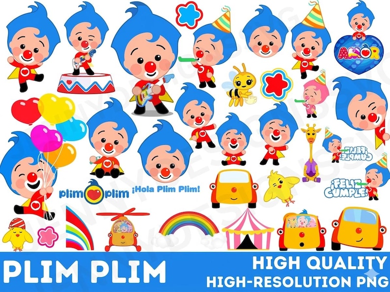 May include: A collection of colorful Plim Plim character illustrations. The image includes various poses of the clown character, along with balloons, a car, a giraffe, and other festive elements. Text at the bottom reads "PLIM PLIM" and "HIGH QUALITY HIGH-RESOLUTION PNG."