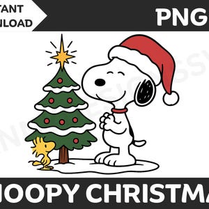 Puede incluir: Ilustración digital de Snoopy con gorro de Papá Noel, junto a un árbol de Navidad decorado. El texto "Snoopy Christmas" está en la parte inferior, con "Descarga instantánea" y "PNG" en la parte superior.