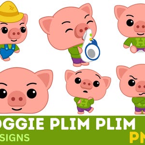 May include: A collection of six cartoon pig designs in various poses. The pigs are pink with black eyes and are wearing different outfits. The text "HOGGIE PLIM PLIM" and "6 DESIGNS PNG" is displayed at the bottom.