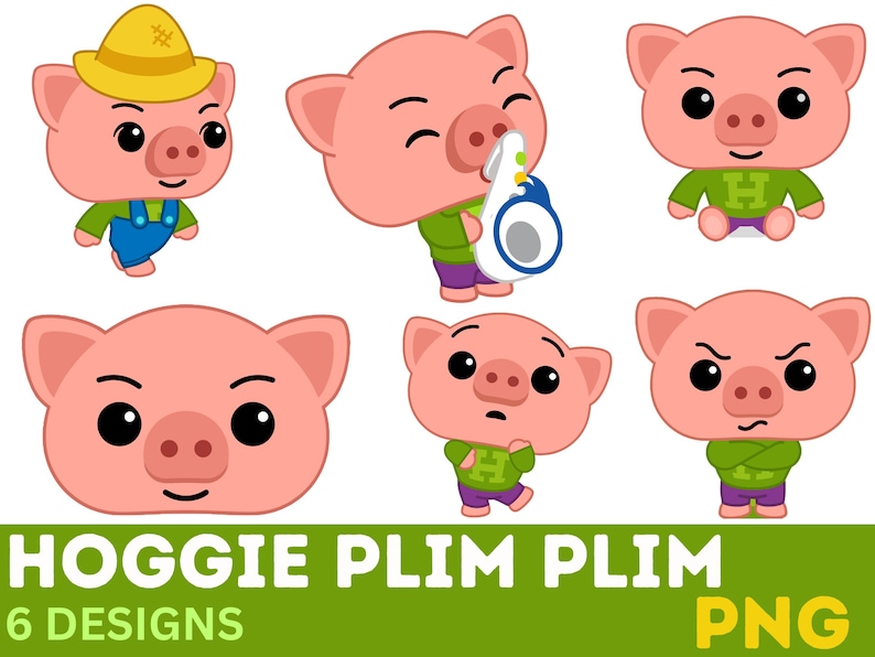 May include: A collection of six cartoon pig designs in various poses. The pigs are pink with black eyes and are wearing different outfits. The text "HOGGIE PLIM PLIM" and "6 DESIGNS PNG" is displayed at the bottom.