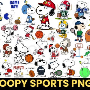 May include: A selection of Snoopy characters participating in different sports. Snoopy is shown playing football, basketball, tennis, and baseball. The image includes the text "SNOOPY SPORTS PNG" and "INSTANT DOWNLOAD".