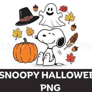May include: A cartoon illustration featuring Snoopy, a ghost, a pumpkin, and autumn leaves. Snoopy is sitting down, and the ghost is smiling. The image includes a black witch's hat, acorns, and a feather. The text "SNOOPY HALLOWEEN PNG" is at the bottom.