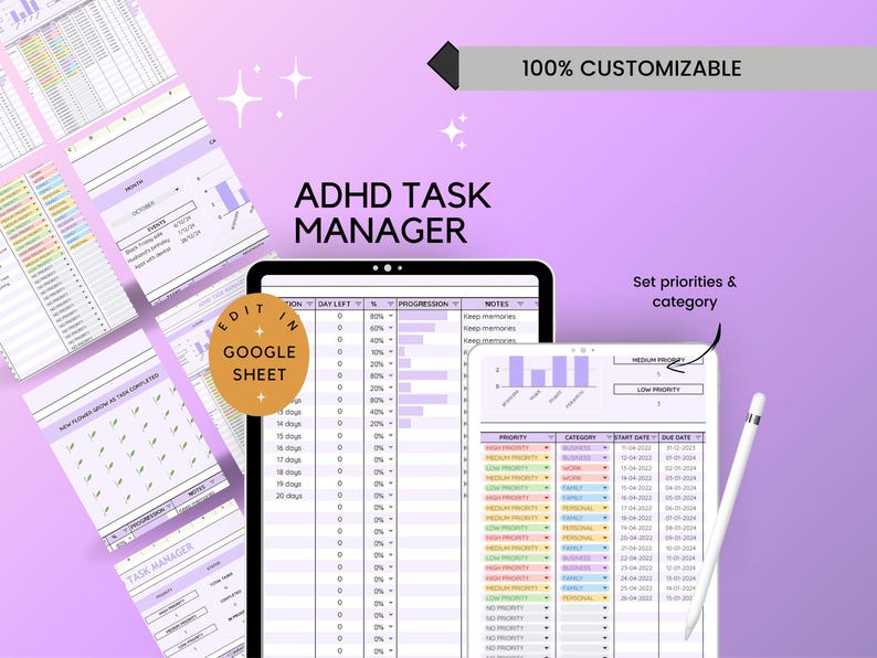 ADHD Task Manager Google Sheets | Color Coded Daily Planner | Digital ...