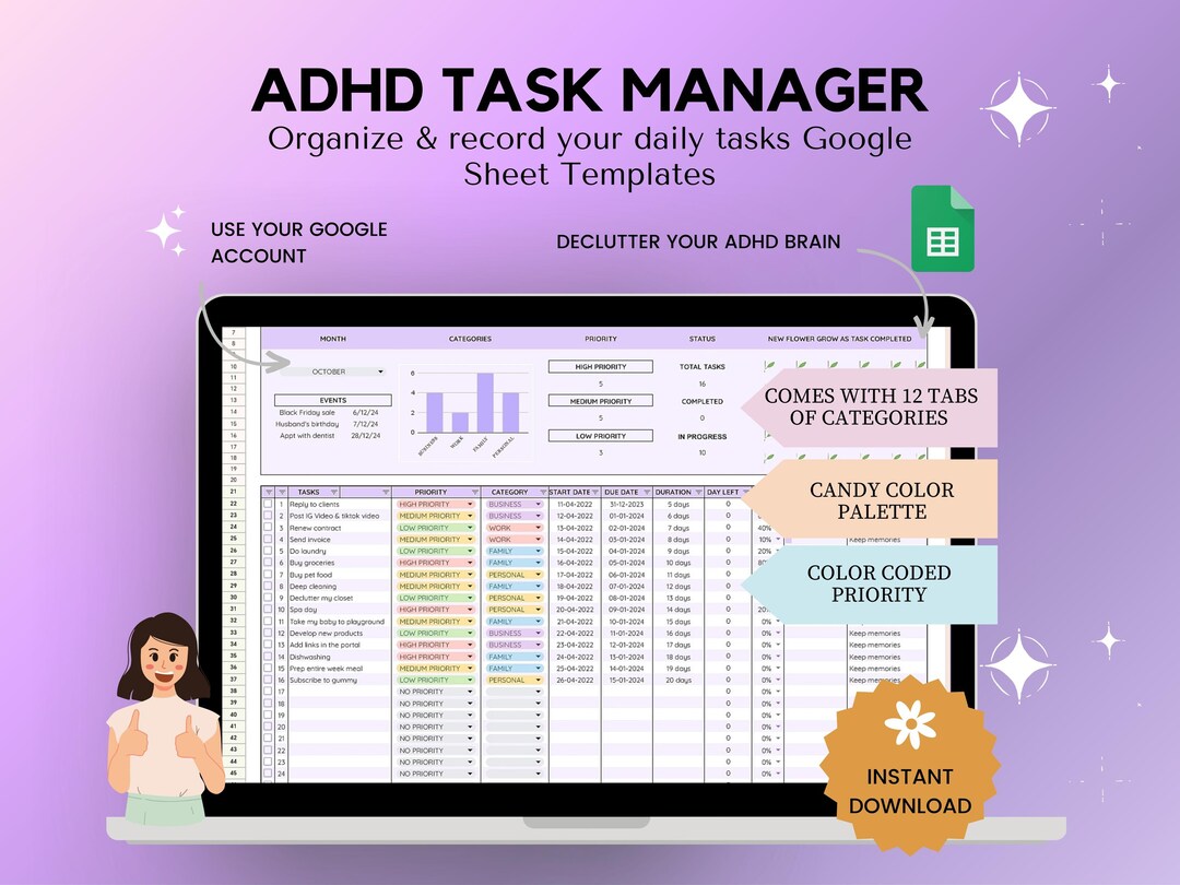 ADHD Task Manager Google Sheets | Color Coded Daily Planner | Digital ...
