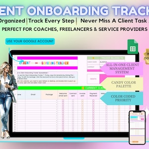 May include: Digital client onboarding tracker template with a candy color palette. The image shows a laptop screen displaying a spreadsheet with sections for client management, color-coded priority, and instant download.
