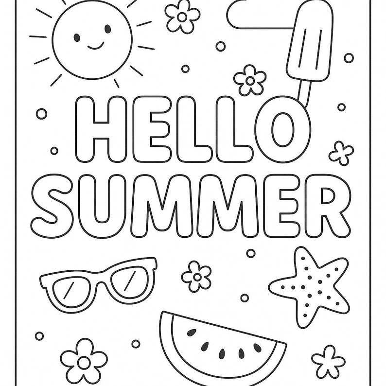 Summer Coloring Pages Set of 8 Etsy