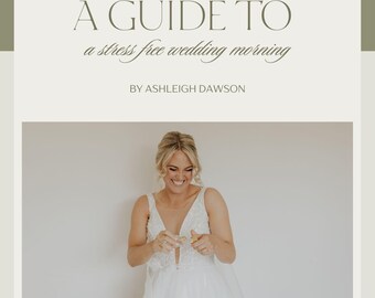Op de afbeelding: Een huwelijksgids getiteld "A Guide To a Stress Free Wedding Morning" door Ashleigh Dawson. De afbeelding toont een lachende bruid in een witte trouwjurk. "The Bridal Series" wordt ook weergegeven.