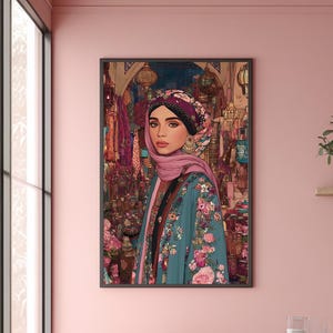 Persian Girl Market Scene Art Print: Boho Middle Eastern Decor (Digital Download)