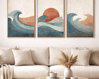 Japandi Wave Wall Art Set of 3 Prints, Minimalist Ocean Sunset Poster, Japanese Wall Decor for Living Room and Bedroom