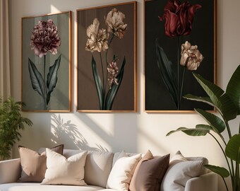 May include: Three rectangular framed wall art prints featuring botanical illustrations of flowers. The left print shows a dark pink flower, the center print displays light beige flowers, and the right print depicts a deep red and a light beige flower.