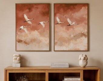 Flying Cranes Wall Art Set of 2, Neutral Bird Prints, Sunset Sky Artwork, Japandi Wall Decor, Minimalist Nature Art, Bedroom Decor