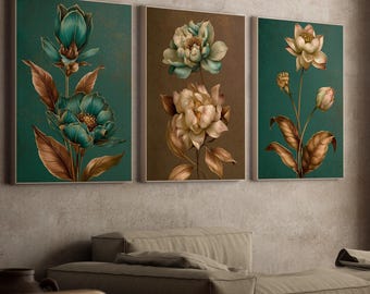 May include: A set of three rectangular wall art prints featuring botanical illustrations. The left and right prints display teal flowers with copper-toned leaves on a teal background. The center print shows cream flowers on a brown background.