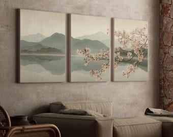 Japandi Wall Art Set of 3, Japanese Cherry Blossom Landscape Prints ...
