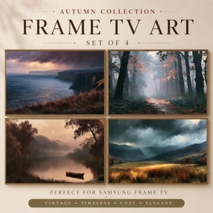 May include: A set of four digital art prints for a television display, titled Autumn Collection Frame TV Art. The images feature landscapes including a coastal cliff, a misty forest path, a calm lake with a boat, and a field under stormy skies.