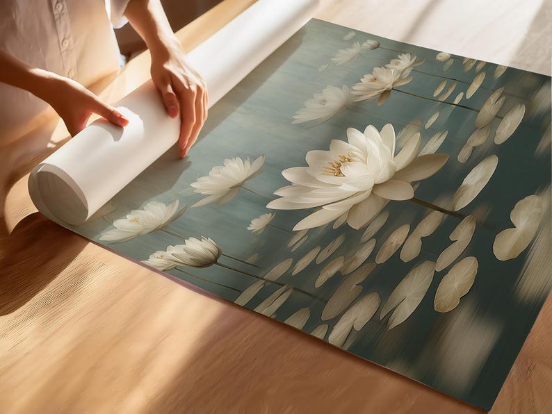 K&ouml;nnte beinhalten: Gerollter Kunstdruck mit einem Seerosen-Design. Der Druck, mit wei&szlig;en Seerosen und Seerosenbl&auml;ttern, wird auf einer Holzoberfl&auml;che ausgerollt. Das Kunstwerk hat eine Farbpalette aus T&uuml;rkis und Beige.