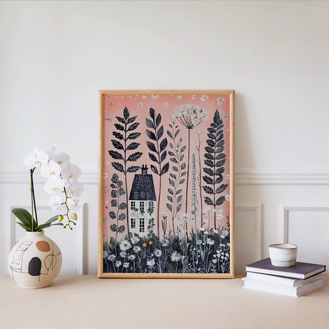 Botanical Wall Art Print With House – Whimsical Floral Digital Download ...