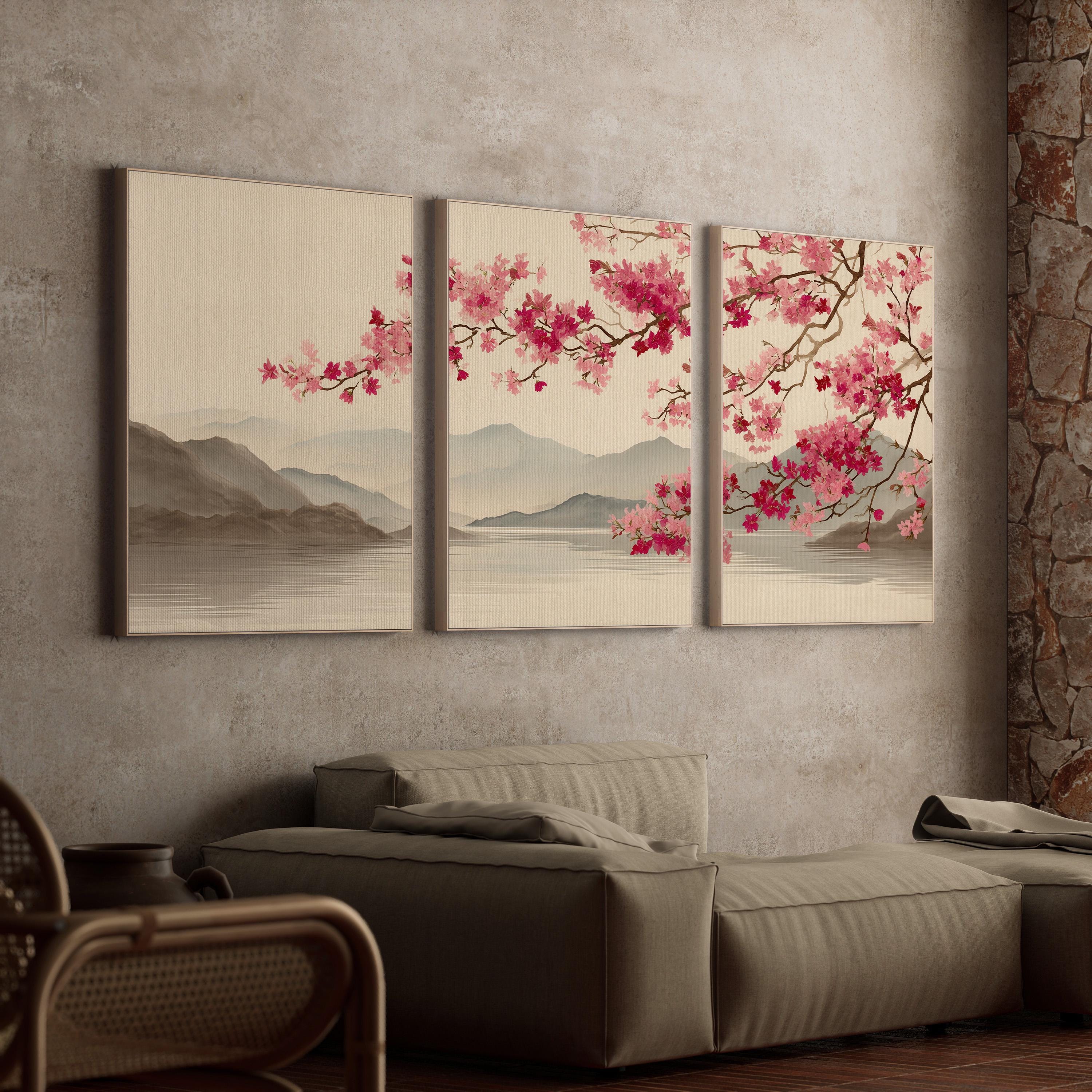 Japandi Wall Art Set of 3, Japanese Cherry Blossom Landscape Prints ...