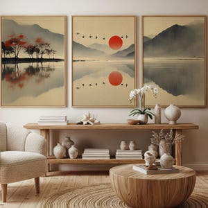 Japandi Wall Art Set of 3, Japanese Landscape Triptych, Zen Mountain Wall Art, Red Sun Japanese Poster, Neutral Japandi Art