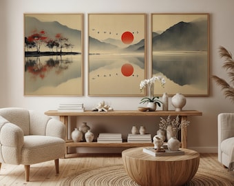 ジャパンディ ウォールアート 3点セット、日本の風景三連画、禅山ウォールアート、赤い太陽の日本ポスター、ニュートラル ジャパンディ アート