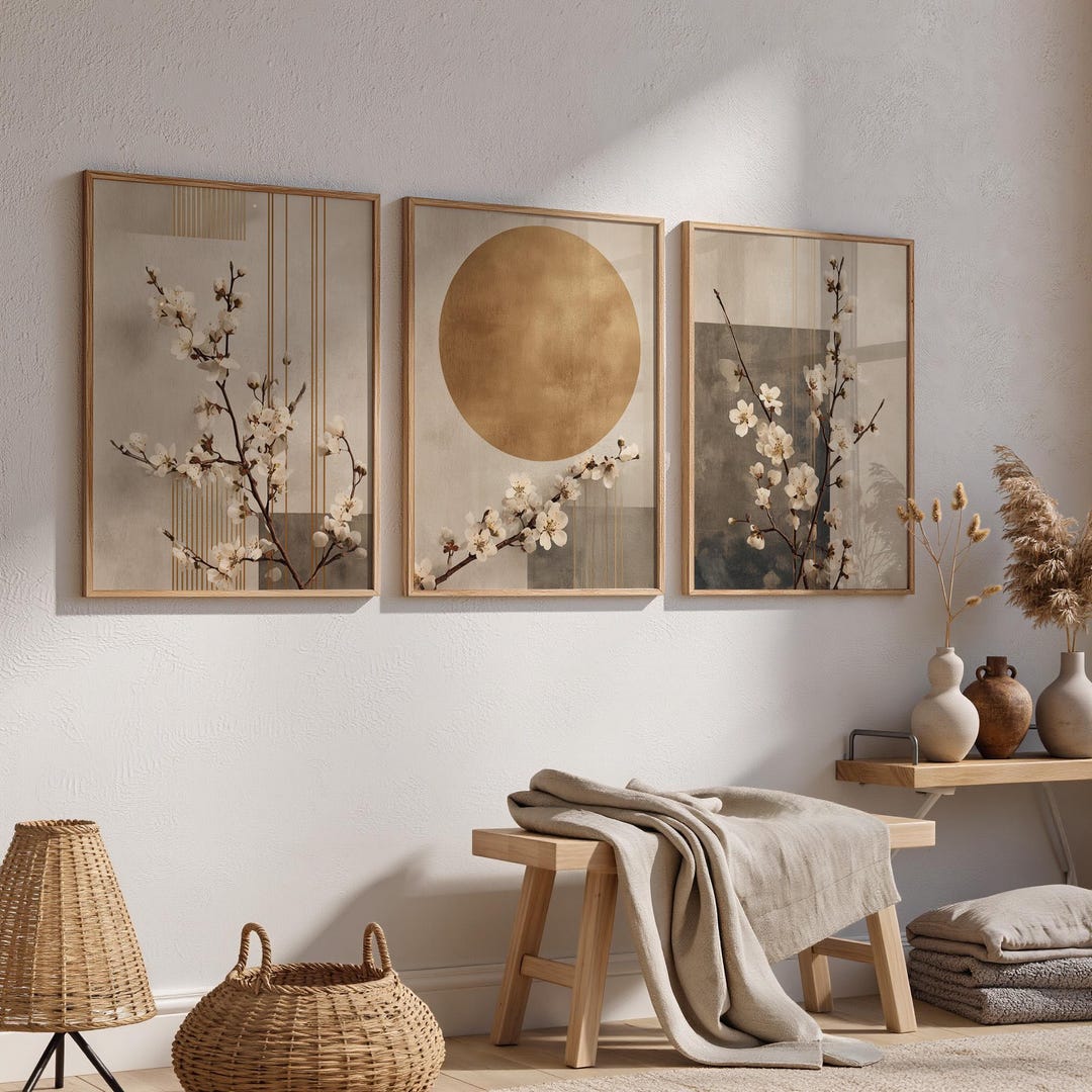 Japandi Cherry Blossom Sun Prints, Neutral Botanical Wall Art (set of 3 ...