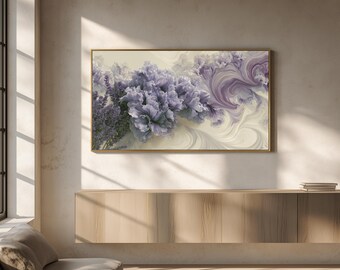以下が含まれることがあります： 左側にフリル状のラベンダー色の花束、右側にクリーム色、ベージュ、深い紫色の抽象的な渦巻き模様が描かれた長方形のウォールアート。全体が細いゴールドのフレームで囲まれています。
