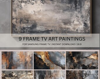 May include: Nine abstract art paintings for Samsung Frame TV. The image features a large rectangular painting with a gold frame, showcasing a textured, neutral-toned artwork. Below are eight additional smaller paintings with similar textures and colors. The text reads: "9 FRAME TV ART PAINTINGS FOR SAMSUNG FRAME TV | INSTANT DOWNLOAD | 16:9"