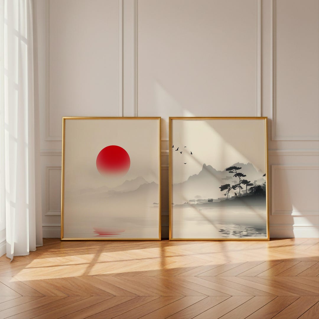 Japandi Wall Art Set of 2, Japanese Landscape, Zen Mountain Wall Art ...