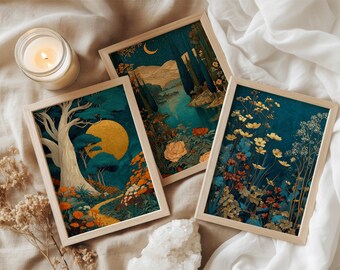May include: Three rectangular framed art prints featuring detailed illustrations in shades of deep blue, gold, and orange. The prints depict a forest with a large moon, a landscape with a crescent moon, and a field of wildflowers with tall stems.