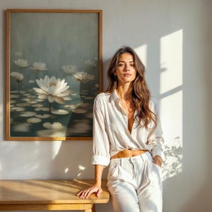 K&ouml;nnte beinhalten: Ein gerahmter Wandkunstdruck mit wei&szlig;en Seerosen, die auf dunklem Wasser schwimmen, in einem Holzrahmen. Das Kunstwerk zeigt mehrere bl&uuml;hende Blumen und Seerosenbl&auml;tter in einer ruhigen, ged&auml;mpften Farbpalette mit weichem Licht und Schatten.