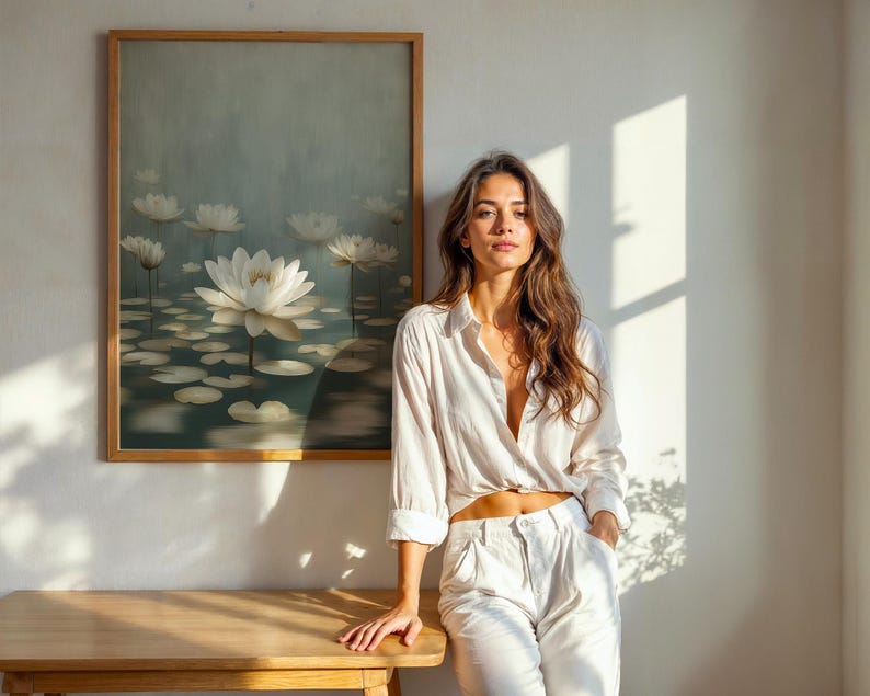 K&ouml;nnte beinhalten: Ein gerahmter Wandkunstdruck mit wei&szlig;en Seerosen, die auf dunklem Wasser schwimmen, in einem Holzrahmen. Das Kunstwerk zeigt mehrere bl&uuml;hende Blumen und Seerosenbl&auml;tter in einer ruhigen, ged&auml;mpften Farbpalette mit weichem Licht und Schatten.