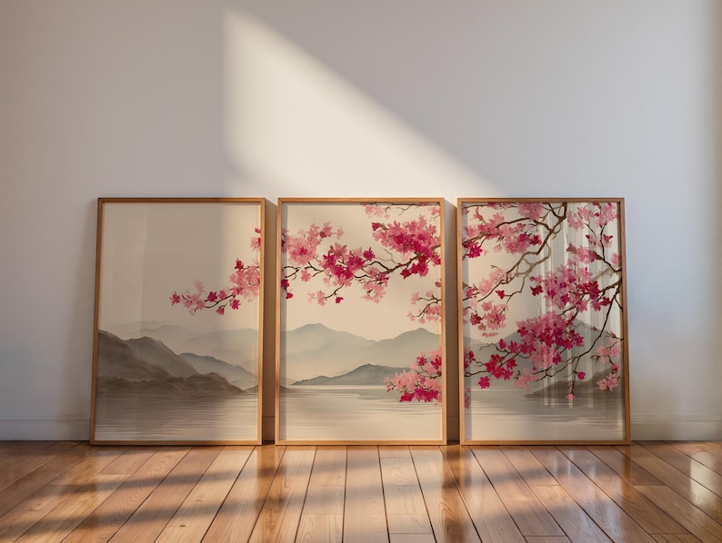 Japandi Wall Art Set of 3, Japanese Cherry Blossom Landscape Prints ...
