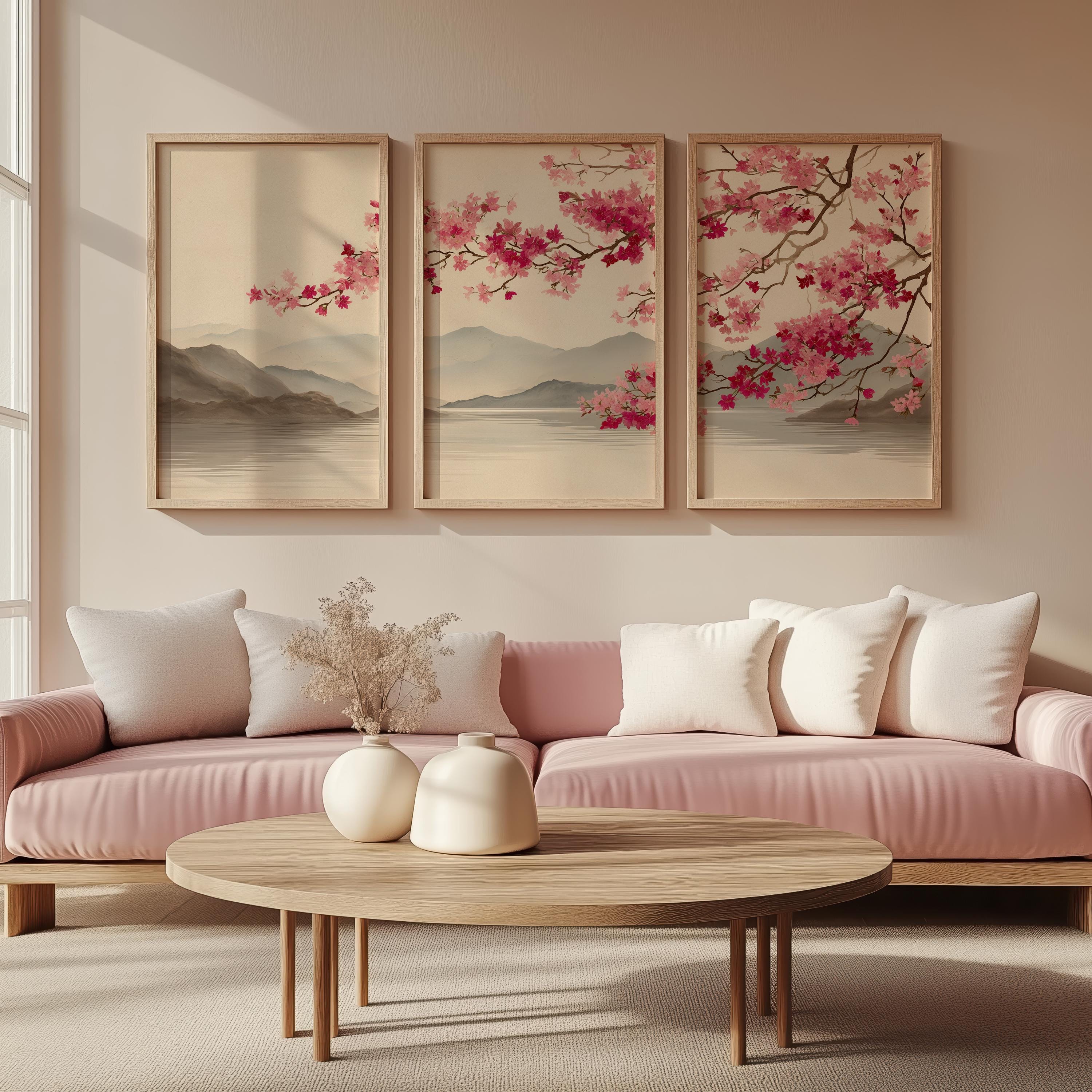 Japandi Wall Art Set of 3, Japanese Cherry Blossom Landscape Prints ...