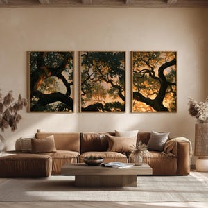 May include: Three rectangular wall art prints in light wooden frames, each displaying a low-angle view of dark tree branches silhouetted against a warm, golden-hued sunset sky with green foliage visible among the limbs of the trees.