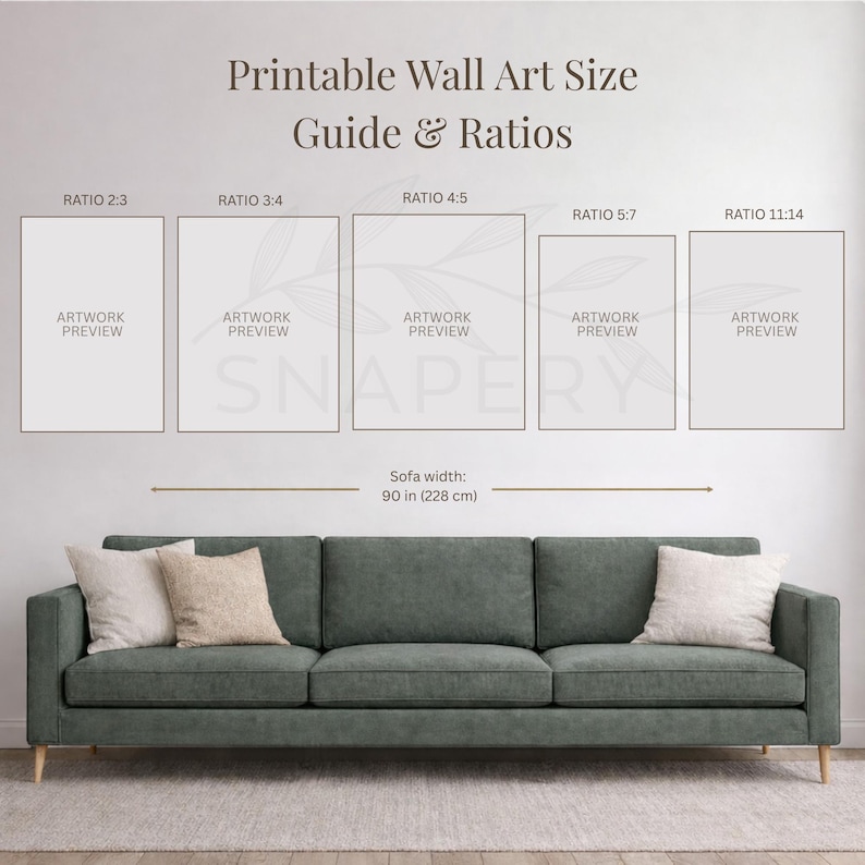 K&ouml;nnte beinhalten: Ein Leitfaden f&uuml;r druckbare Wandkunstgr&ouml;&szlig;en und -verh&auml;ltnisse. Das Bild zeigt f&uuml;nf rechteckige Kunstwerk-Vorschauen, die mit Verh&auml;ltnissen beschriftet sind. Ein Sofa mit einer Breite von 228 cm befindet sich darunter. Der Text "Leitfaden f&uuml;r druckbare Wandkunstgr&ouml;&szlig;en und -verh&auml;ltnisse" steht oben.