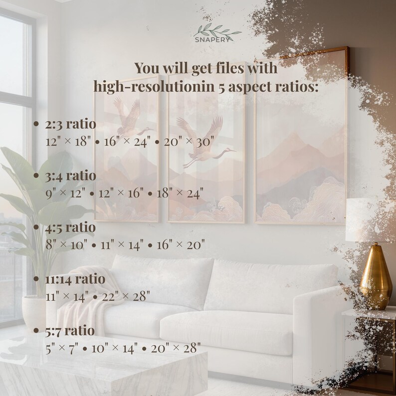K&ouml;nnte beinhalten: Drei gerahmte Kunstdrucke mit einem Kranich-Design in einem Wohnzimmer. Die Drucke sind in Beige- und Braunt&ouml;nen gehalten. Der Text zeigt, dass die Drucke in 5 Seitenverh&auml;ltnissen erh&auml;ltlich sind, darunter 30 cm x 46 cm, 41 cm x 61 cm und 51 cm x 76 cm.