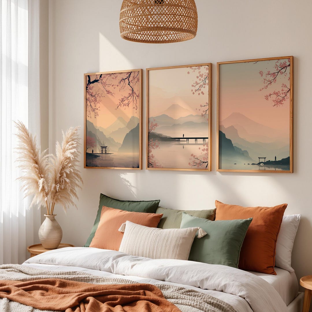Set of 3 Japanese Landscape Prints, Japandi Cherry Blossom Wall Art - Etsy