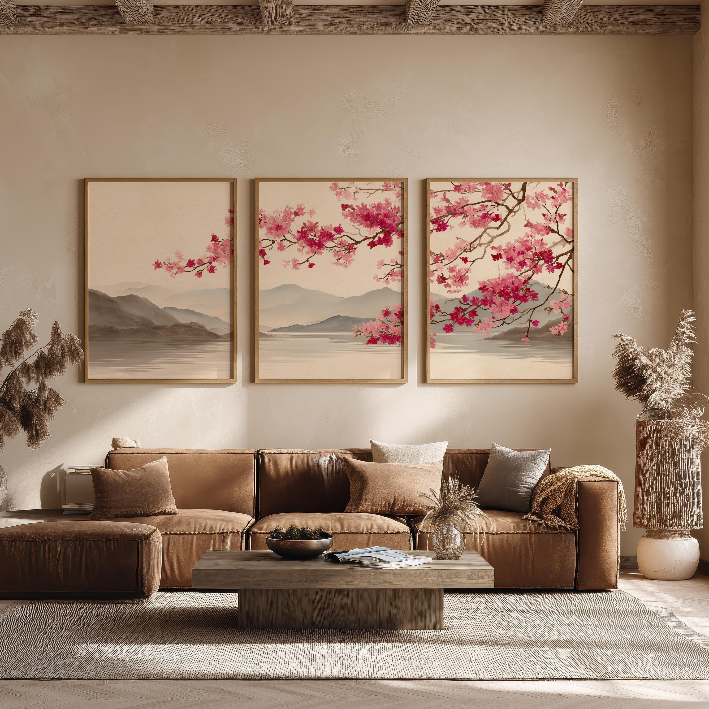 Japandi Wall Art Set of 3, Japanese Cherry Blossom Landscape Prints ...