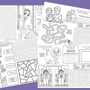 Puede incluir: Una colecci&oacute;n de hojas de actividades en blanco y negro con b&uacute;squedas de palabras, laberintos y p&aacute;ginas para colorear. Las hojas tienen temas religiosos, con im&aacute;genes de personas y texto relacionado con las Escrituras y el bautismo.